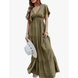 Amegoya Womens Short Sleeve V Neck Floral Maxi Dresses Boho Ruffle Long Dress, M